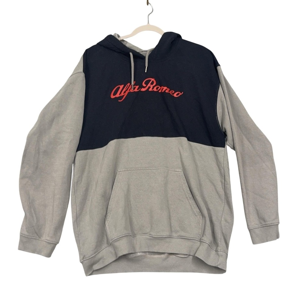 Alfa Romeo Hoodie Mens 2XL Gray Navy Pullover Fleece Logo Car Kangaroo Pocket